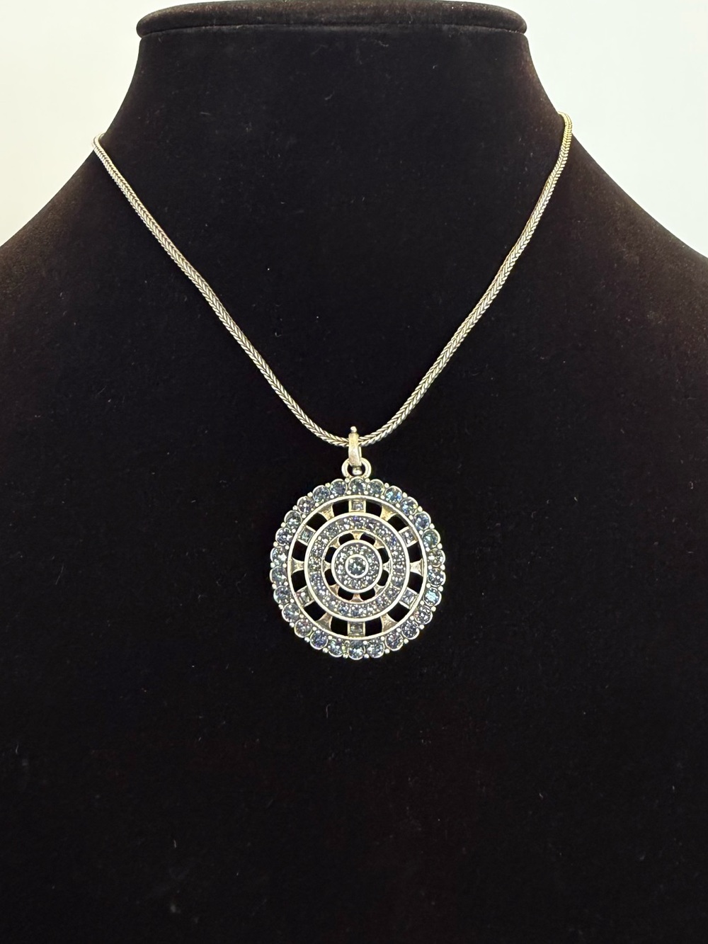 Silver-Tone Blue Crystal Round Pendant Necklace - Women Jewelry
